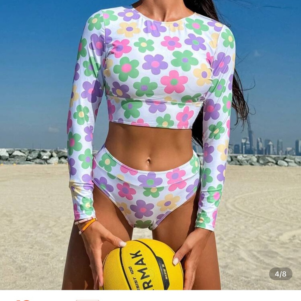 SHEIN Floral Long Sleeve Bikini Set - White, Purple, Green, Pink brand new - Picture 4 of 12